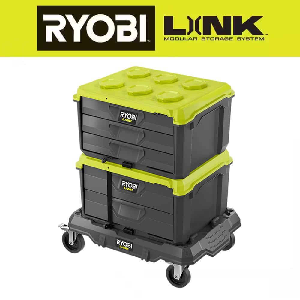 RYOBI LINK Modular Dolly Multi-Purpose Rolling Base with LINK 2-Drawer Tool Box and LINK 3-Drawer Tool Box