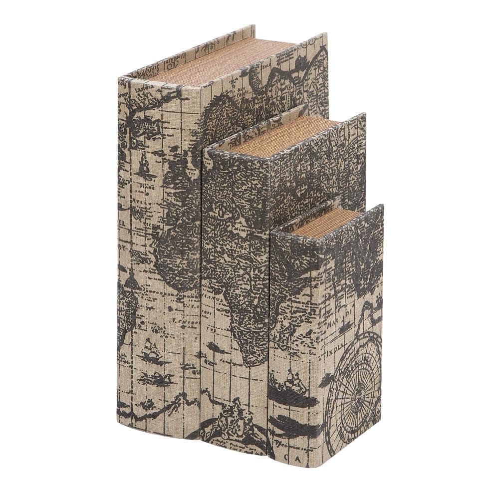 Litton Lane Rectangle Wood Faux Book Box with World Map Cover (Set of 3)