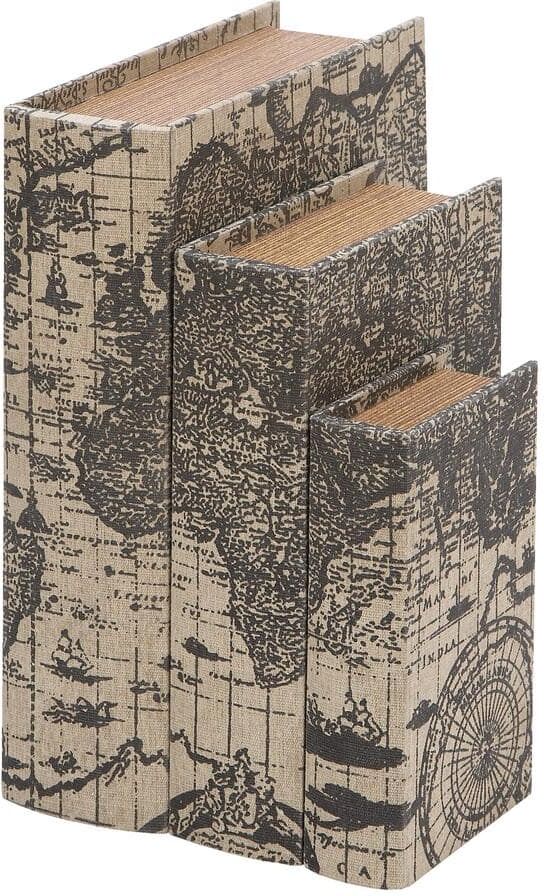 Litton Lane Rectangle Wood Faux Book Box with World Map Cover (Set of 3)