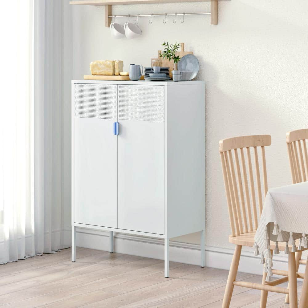 Magic Home 31.5 in. Metal Storage Locker Cabinet Adjustable Shelves White Freestanding Ventilated Sideboard Shoe Cabinet