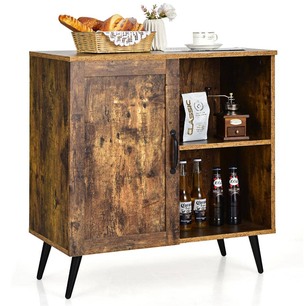 Costway 16 in. Wide Rustic Brown Mid-century Storage Cabinet Sideboard w/ Doors Wine Glass Racks