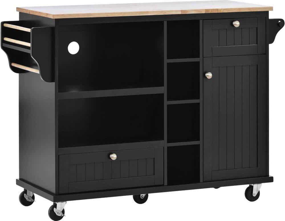 Black Wood 51 in. Kitchen Island Cart with Storage Cabinet and 2 Locking Wheels for Kitchen Room, Dining Room