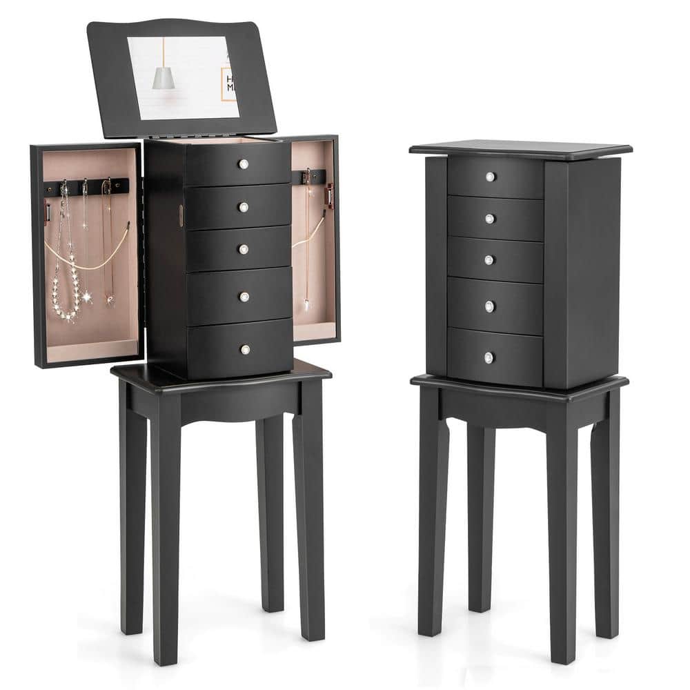 Costway Black with Mirror Wood Freestanding Jewelry Armoire Storage Chest Cabinet 33 in. L x 9 in. W x 13 in. H