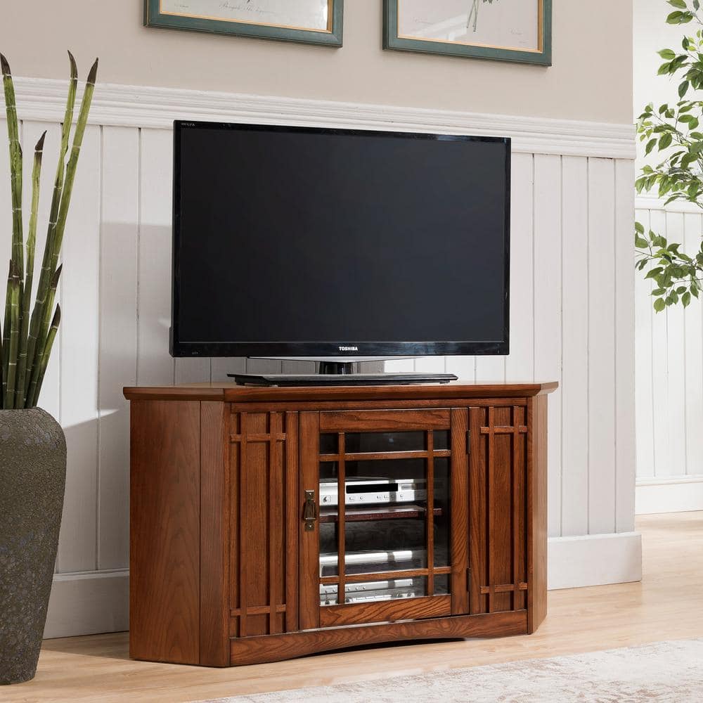 Leick Home 20 in. W Mission Oak 1-Door Corner TV Stand with Adjustable Shelf Holds TV's up to 50 in.