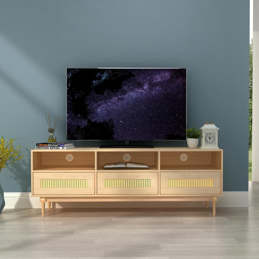 Homy Casa Obert 64 in. Oak TV Stand With 3 Storage Drawers Fits TV's up to 73 in. With Cable Management