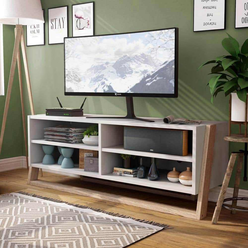 Furniture of America Addis 62.50 in. W Beige TV Console with 4-Shelves Fits TV's Up to 70 in. With Cable Management