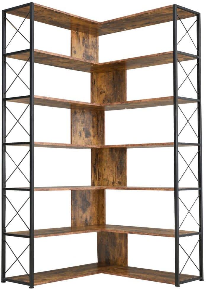 70.9 in. H Brown 7-Shelf Bookcase Home Office L-Shaped Corner Bookcase with Metal Frame Industrial Style Open Storage