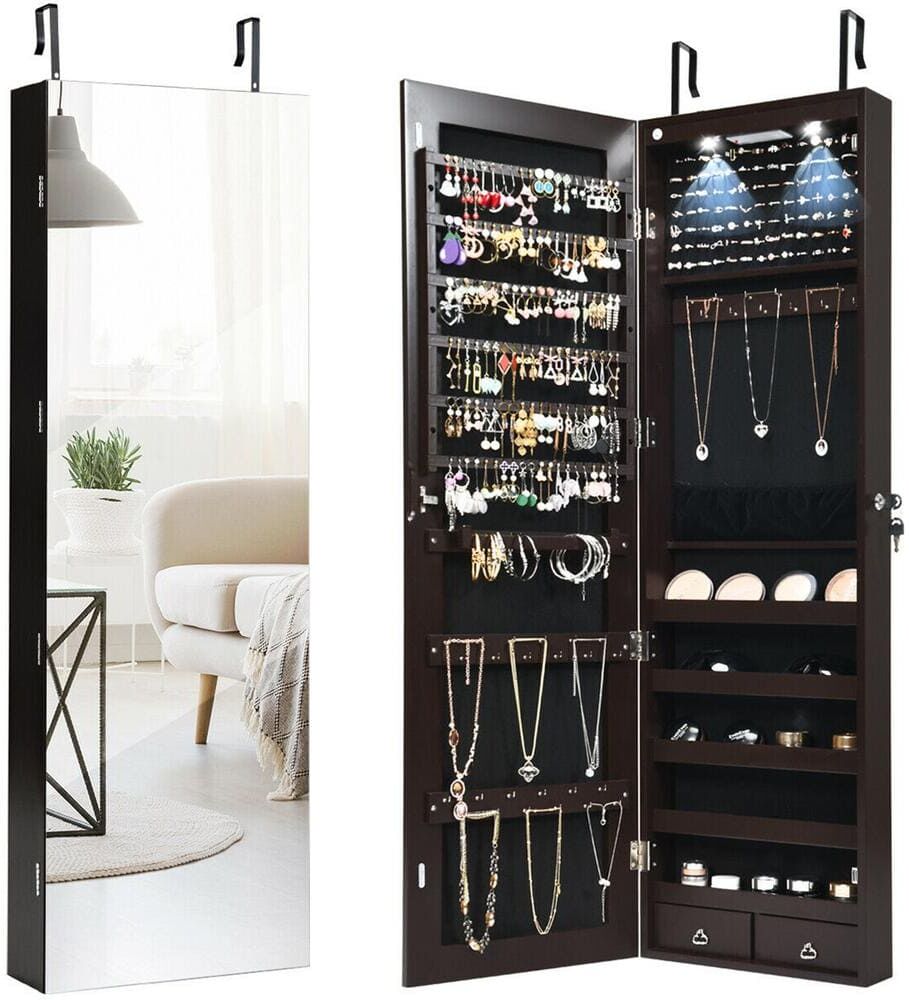 Gymax Mirrored Wall and Door Mounted Jewelry Storage Cabinet Organizer with Lights and-Drawer