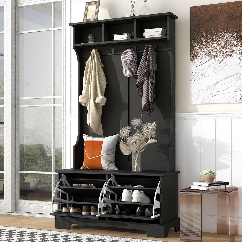 URTR Black Hall Tree with 2 Flip Shoe Storage Drawers, 4 Metal Hooks and Bench, Wood Hallway Coat Rack for Living Room