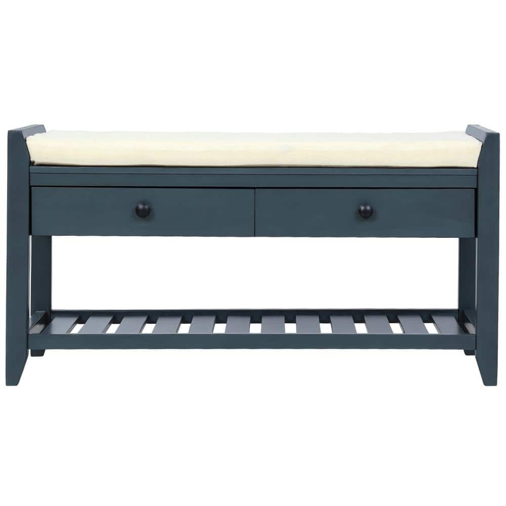 URTR Antique Navy Entryway Storage Bench, Cushioned Seat Shoe Rack, 2-Drawers, Shelf Cabinet 39 in. L x 14 in. W x 19.8 in. H