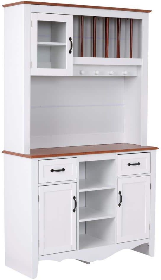 OS Home and Office Furniture Farmhouse Series White Kitchen Buffet and Hutch with 2-Drawers and Framed Glass Door