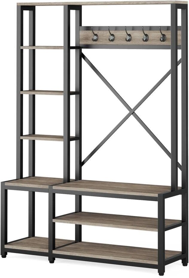 Tribesigns Hiers Wood 4-in-1 Entryway Hall Tree, Storage Shelving with Shoe Bench, Gray, 47.2 in. L x 15.7 in. W x 70.9 in. H