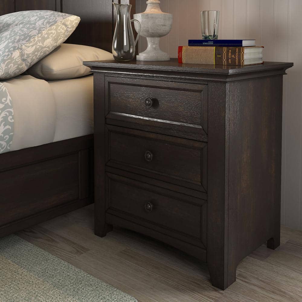 HomeSullivan 3-Drawer Antique Black Wood Modular Storage Nightstand with Charging Station 28 in. W x 20 in. D x 30 in. H