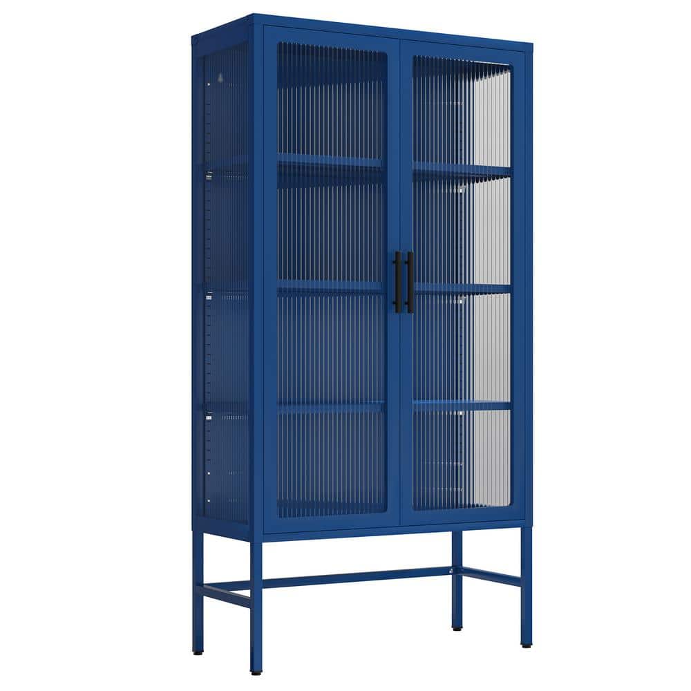 Modern Double Glass Door Display Case Blue 3-Shelf Metal Pantry Organizer Storage Cabinet Sideboard Buffet Cabinet