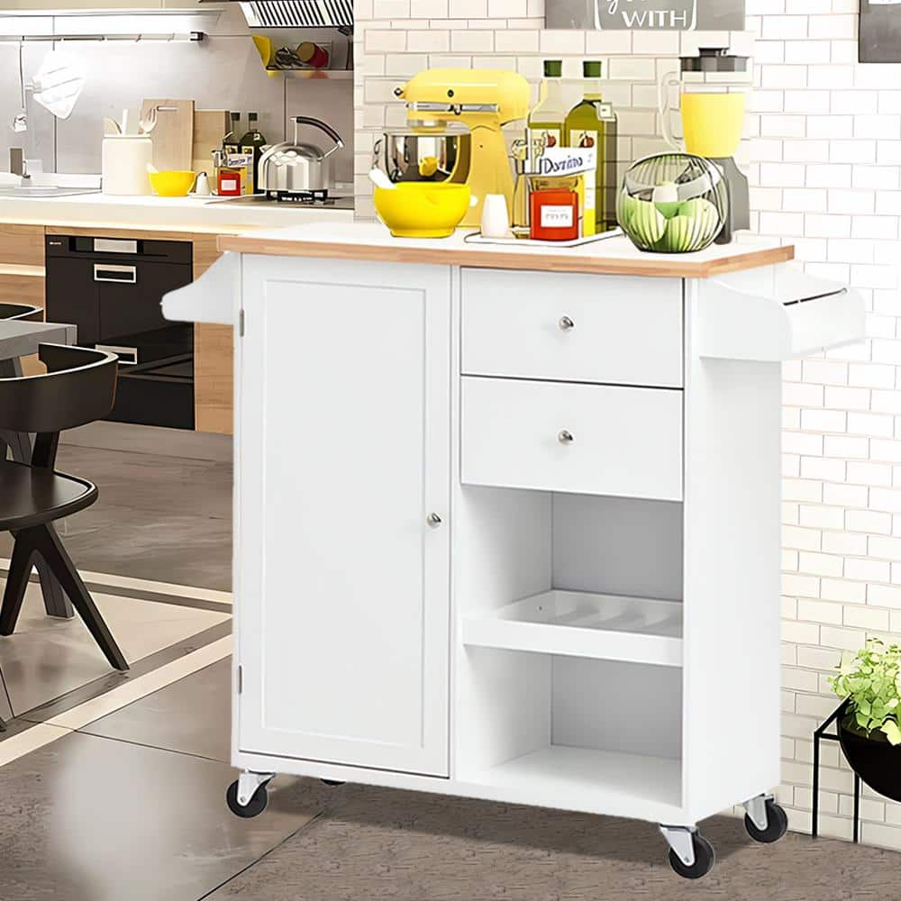 White Rubber Wood Top 41.3 in. W Kitchen Island on 4-Wheels with 2-Drawers and Large Storage Cabinet