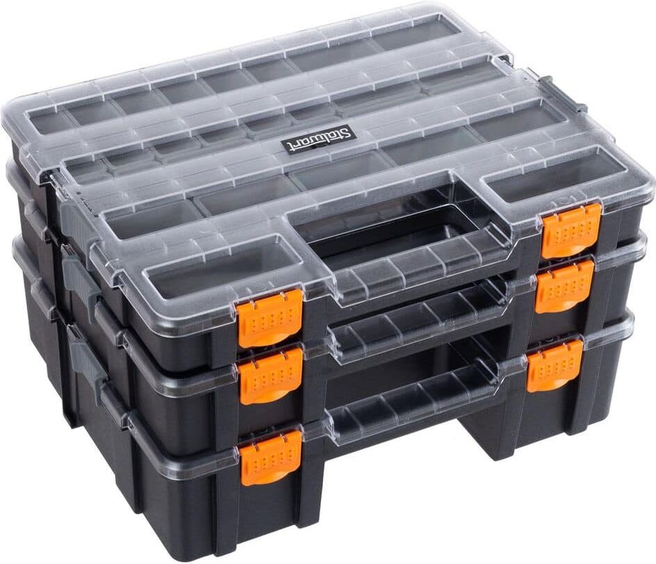 Stalwart 13 in. Gray Polypropylene 3-In-1 Portable Tool Box Organizer with 52 Customizable Compartments