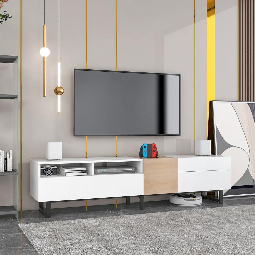 Harper & Bright Designs White Modern TV Stand Fits TVs up to 80 in. Entertainment Center with Double Storage Space and Drop Down Door