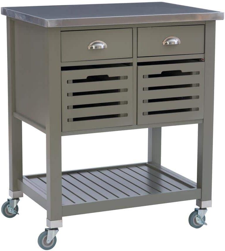 Linon Home Decor Hawthorn Gray Kitchen Cart with Two Drawers, Two Pull-Out Bins, Shelf, and Stainless Steel Top