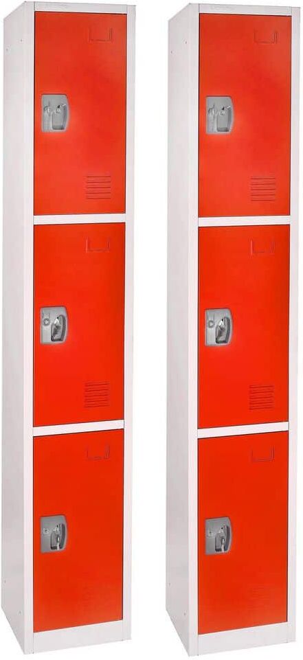 AdirOffice 629-Series 72 in. H 3-Tier Steel Key Lock Storage Locker Free Standing Cabinets for Home, School, Gym in Red (2-Pack)