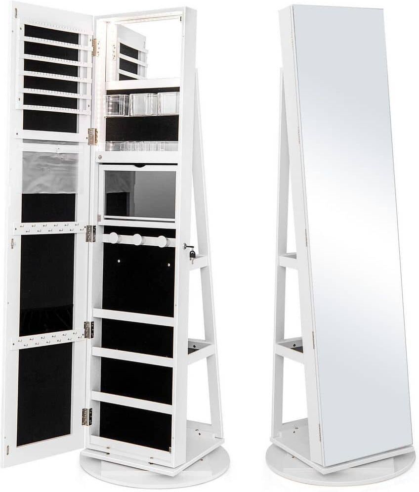 ANGELES HOME Wood 360° Rotating Mirrored Jewelry Cabinet Armoire 3 Color LED Modes Lockable