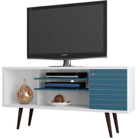 Manhattan Comfort Liberty 53 in. White and Aqua Blue Wood TV Stand Fits TVs Up to 50 in. with Storage Doors