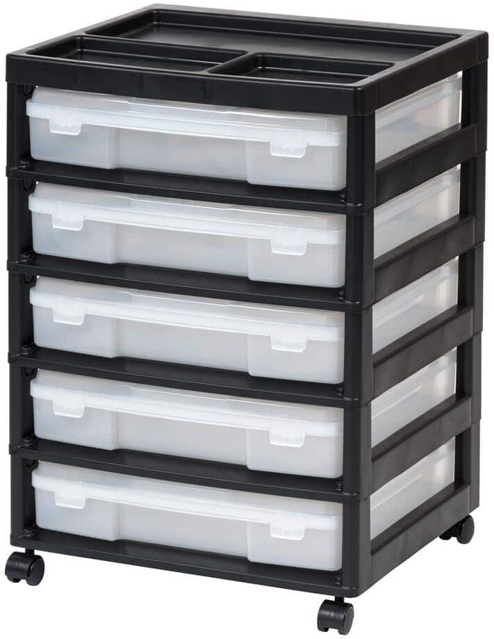 IRIS 5 Drawers Plastic Scrapbook Rolling Storage Cart with Organizer Top and Casters, Black