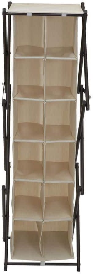 HOUSEHOLD ESSENTIALS 44.5 in. H 12-Pair Natural Sturdy Folding Frame, Poly-Cotton Blend Fabric Shoe Rack