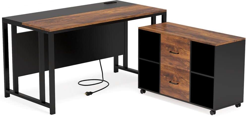 BYBLIGHT Capen 55 in. L-Shaped Brown Particleboard 2-Drawer Computer Desk with File Cabinet Shelves and Power Outlet