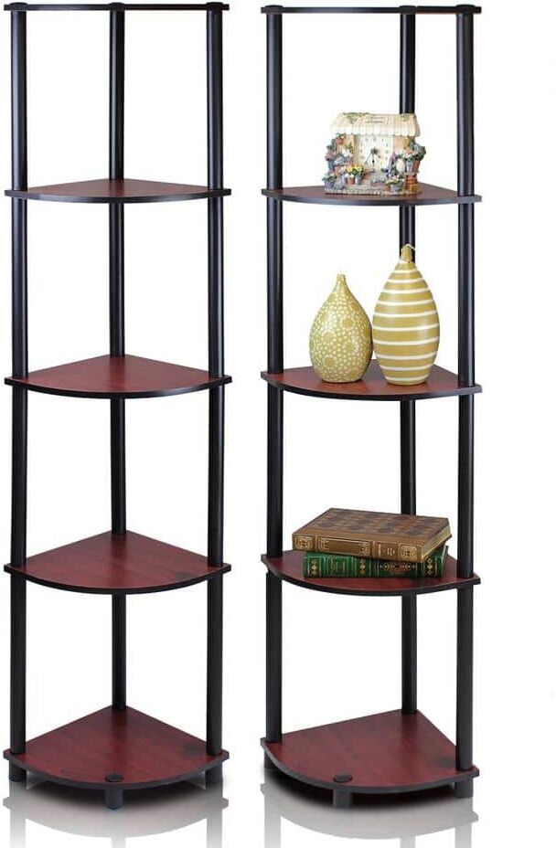 Furinno 57.7 in. Dark Cherry/Black Plastic 5-shelf Corner Bookcase with Open Storage