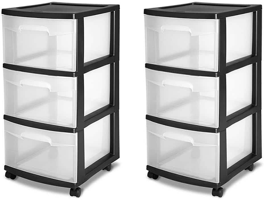 Sterilite 3-Drawer Storage Cart, Clear with Black Frame (2-Pack)