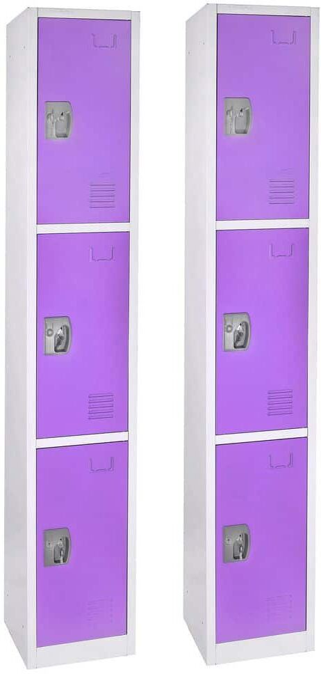 AdirOffice 629-Series 72 in. H 3-Tier Steel Key Lock Storage Locker Free Standing Cabinets for Home, School, Gym in Purple (2-Pack)