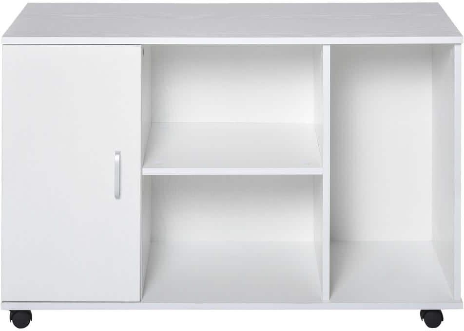 HOMCOM White Rolling File Cabinet Storage Organizer with 3-Large Open-Shelves and Door Storage