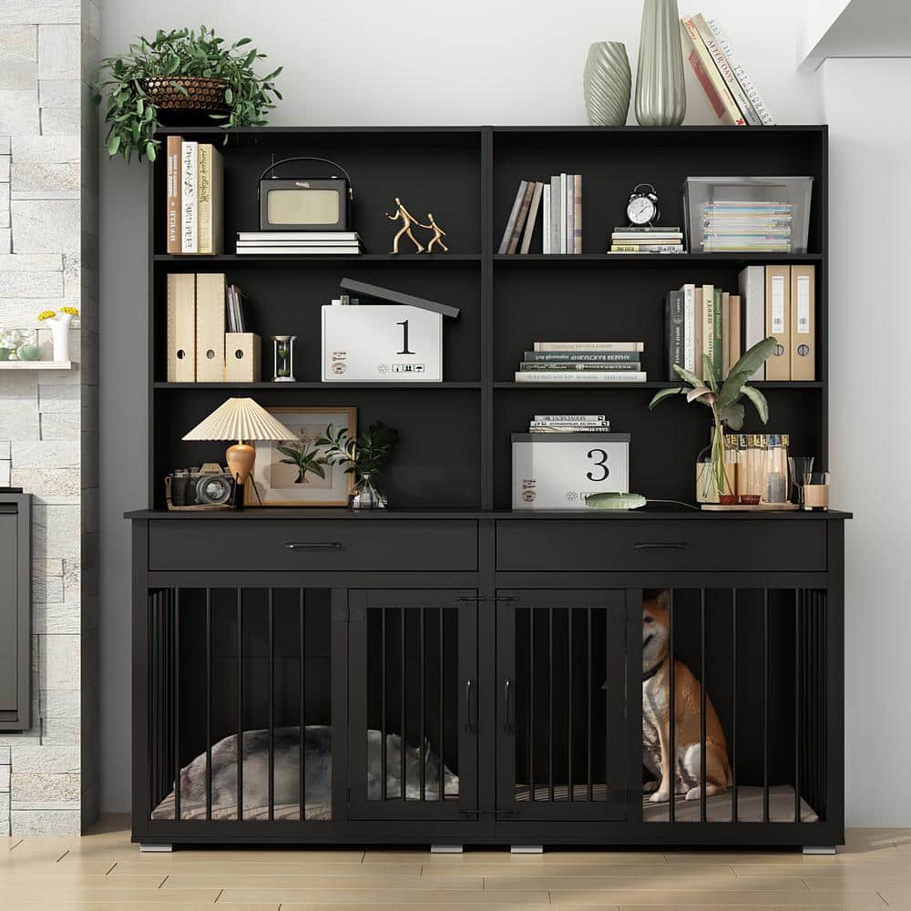 FUFU&GAGA Dog House Furniture Style Dog Crate Storage Cabinet, Indoor Wood 6-Shelf Bookcase Bookshelf with Large Dog Crate, Black