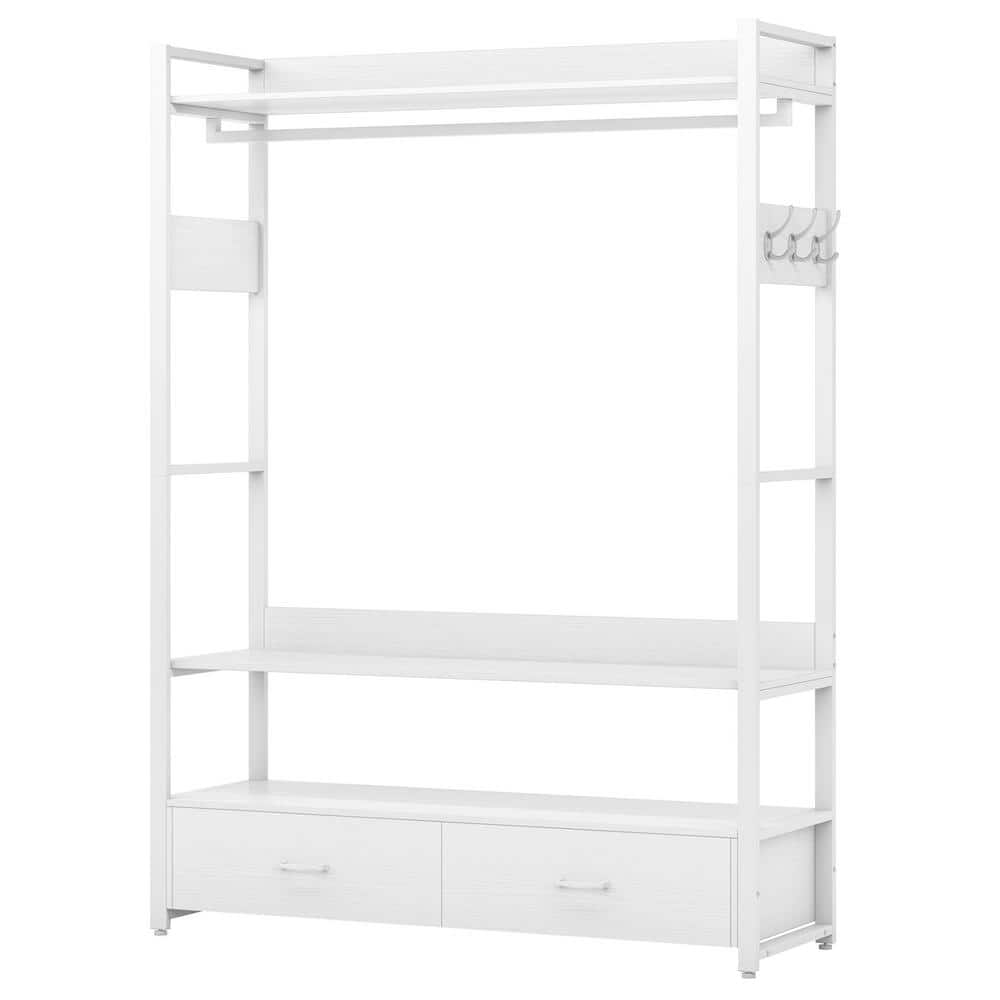 Tribesigns Cynthia White Freestanding Garment Rack with 2-Drawers, 6 Hooks, Storage Shelves and Hang Rod