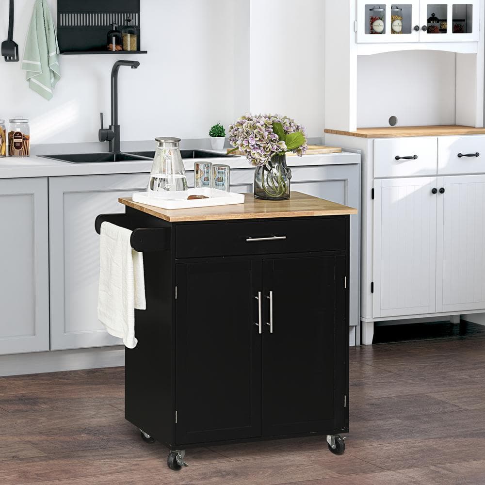 HOMCOM Black Rolling Kitchen Island Cart with Drawer, Interior Cabinet and Towel Rack