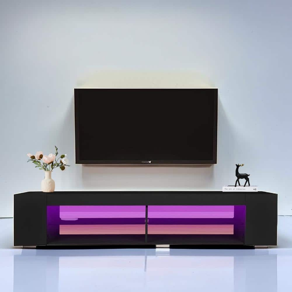 Spaco Black Particle Board TV Stand with LED Lights Storage and Glass Shelves (70.87 in. W x 15.74 in. D x 14.85 in. H)