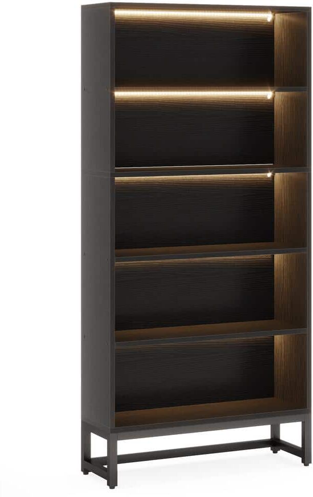 BYBLIGHT 71 in. Tall Black 5-Shelves Standard Wooden Bookcases with Open Storage and LED Strips