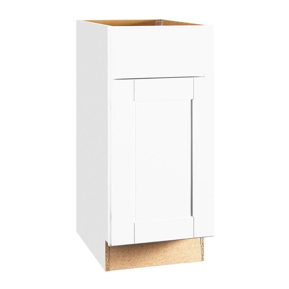 Hampton Bay Shaker 15 in. W x 24 in. D x 34.5 in. H Assembled Base Kitchen Cabinet in Satin White with Ball-Bearing Drawer Glides