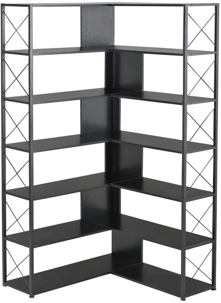 70.9 in. H Black 7-Shelf Bookcase Home Office L-Shaped Corner Bookcase with Metal Frame Industrial Style Open Storage