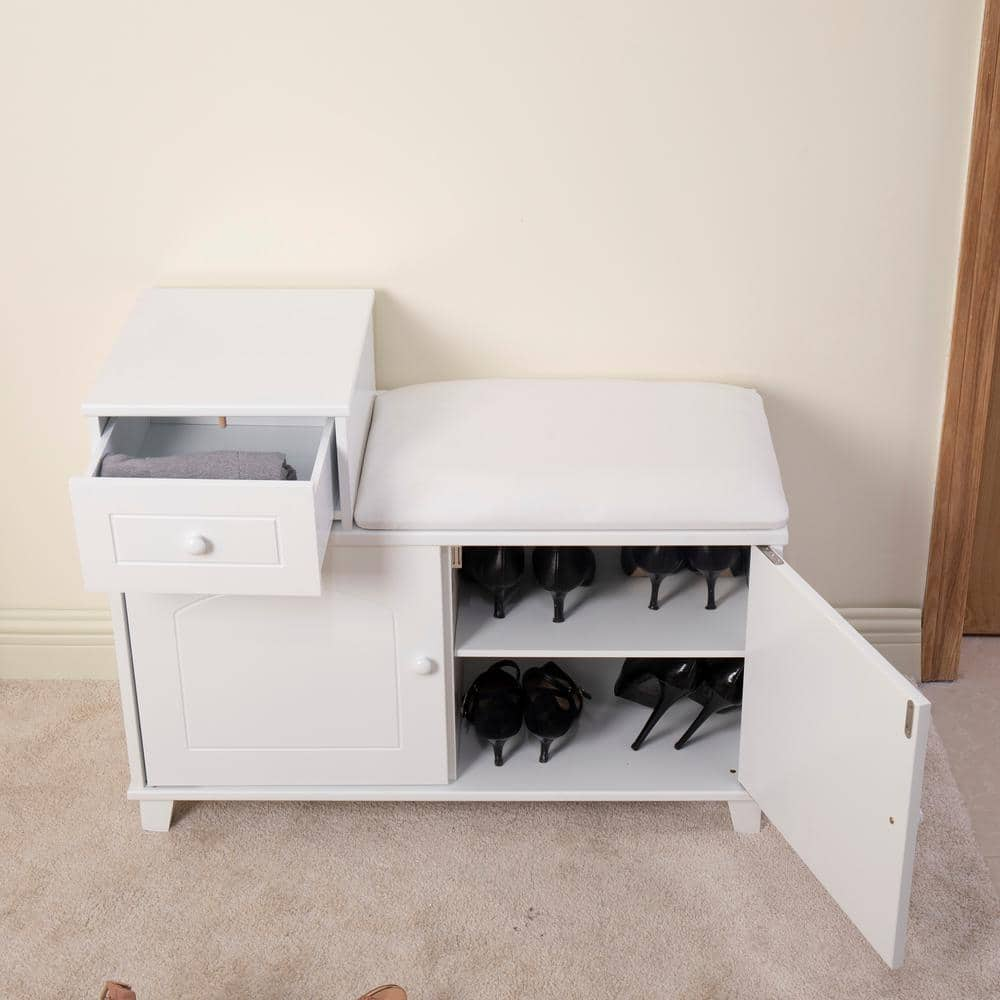 Aoibox 23.62 in. H x 31.50 in. W White Wood Shoe Storage Bench, Shoe Ottoman Cabinet with Drawer and Cushion