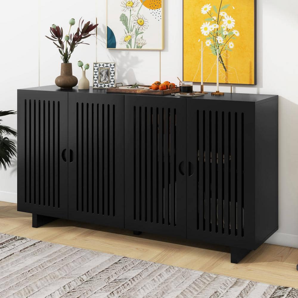 Harper & Bright Designs Black MDF 60 in. Sideboard with Superior Storage Space, Hollow Door Design, Adjustable Shelves, Cable Management Holes