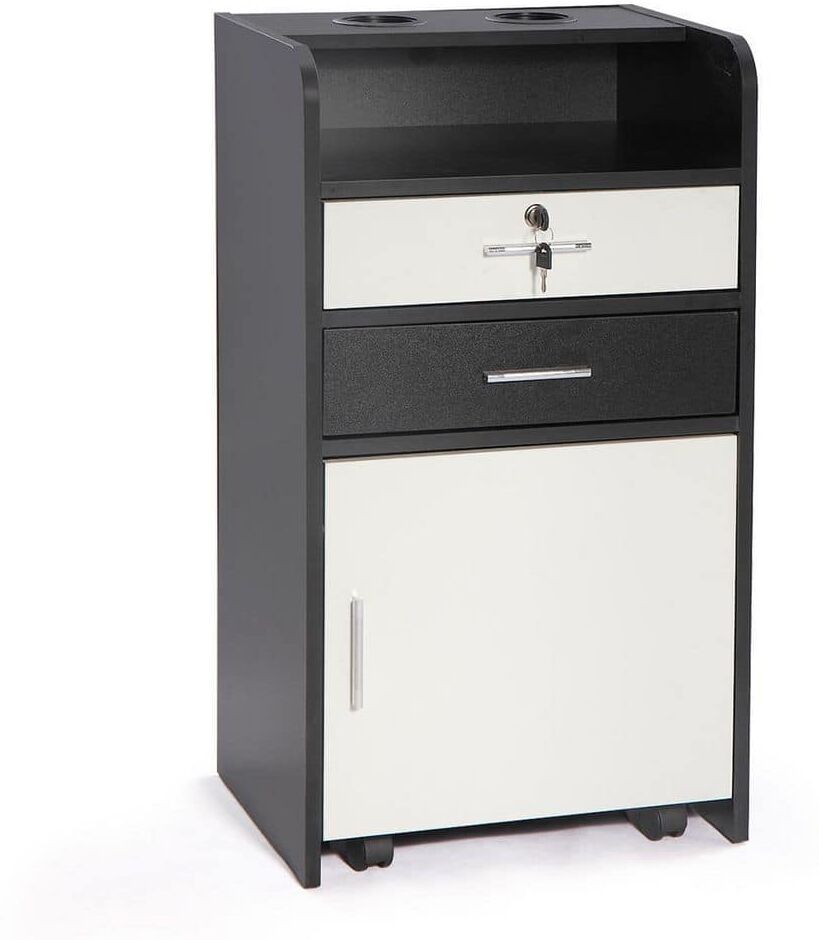 Amucolo Black White Salon Beauty Cabinet, 3-Layer Rolling Trolley with Storage Drawer, Wheels and 2-Hair Dryer Holders