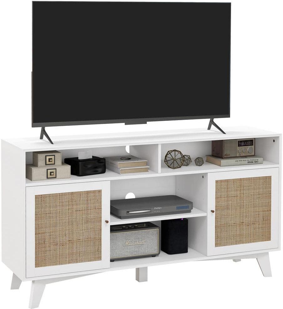 HOMCOM White Boho TV Stand for 65 in. TVs, TV Console Table with Rattan Doors, Adjustable Shelves and 2 Cord Holes