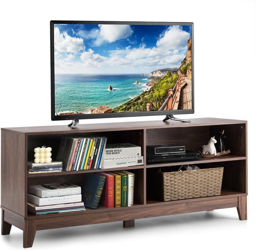 Costway 58 in. Walnut Modern Wood TV Stand Console Storage Entertainment Media Center Fits Up to 65 in. TV