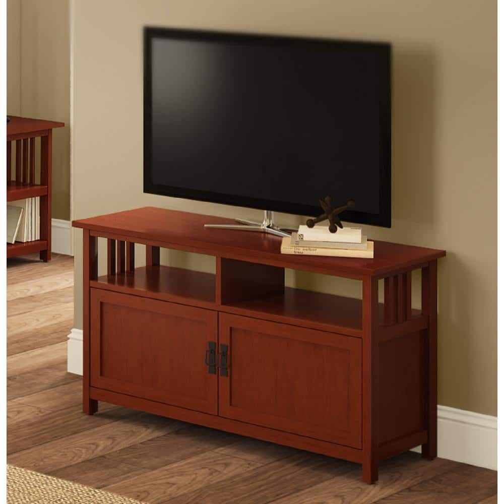 Alaterre Furniture Mission 16 in. Cherry Wood TV Stand Fits TVs Up to 50 in. with Storage Doors