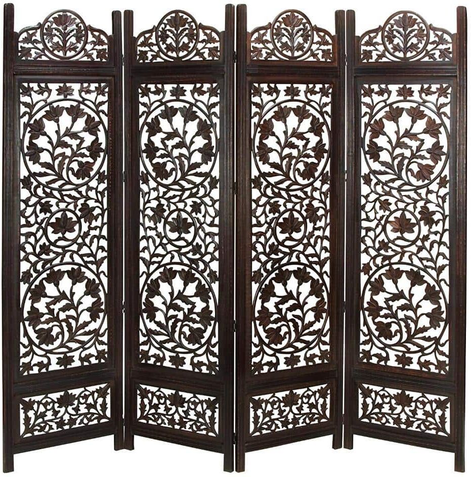 THE URBAN PORT Handcrafted Wooden Antiqued Brown 4-Panel Room Divider Screen Featuring Lotus Pattern-Reversible