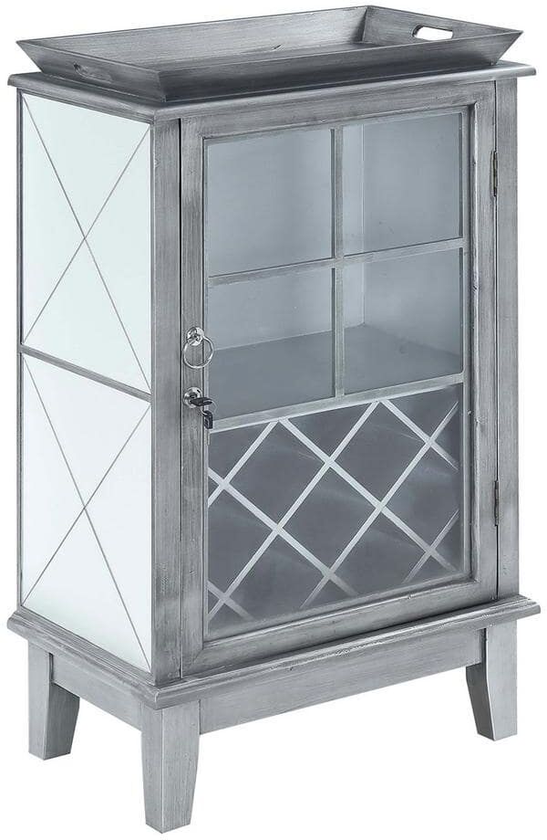 Convenience Concepts Gold Coast Antique Silver/Mirror Wine Storage Serving Bar with Cabinet and Lock