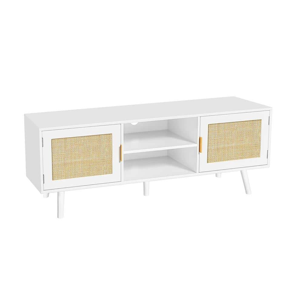 Aupodin 47 in. Farmhouse Rattan TV Stand Fits TV's up to55 Inches TV Mid Century Modern Entertainment Center with Cabinet White