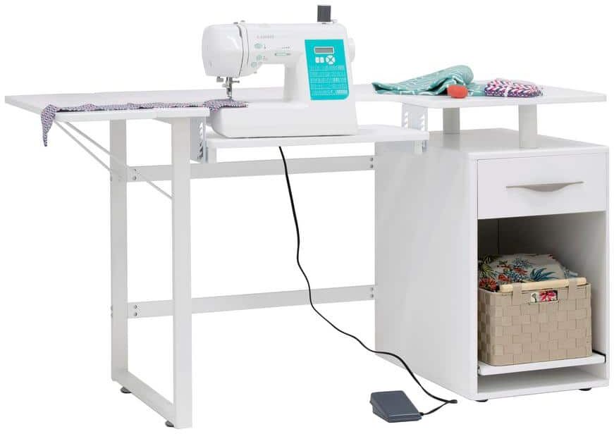 Sew Ready 56.75 in. W Pro Line Sewing Table, Craft, Office Desk with Drawer and Pull-Out Shelf in Storage Cabinet, White