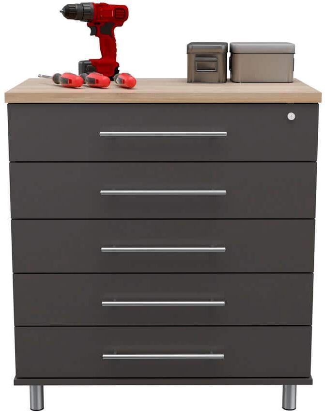 Inval KRATOS 31.5 in. W x 34.65 in. H x 19.69 in. D 5-Drawer Wood Garage Storage Freestanding Cabinet in Dark Gray/Maple